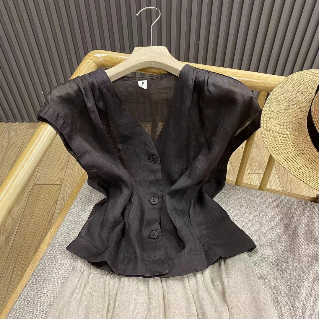 苎麻V领无袖坎肩宽松文艺复古纯色百搭气质马甲小衫女W8067