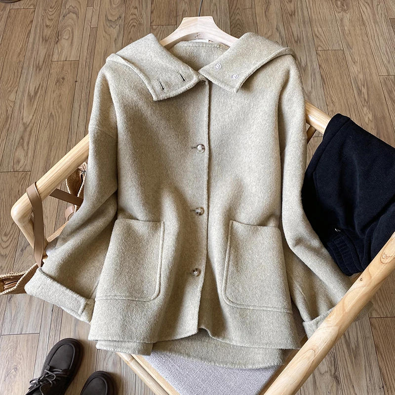 连帽羊毛手工大衣宽松百搭冬季纯色毛呢外套女W23K200