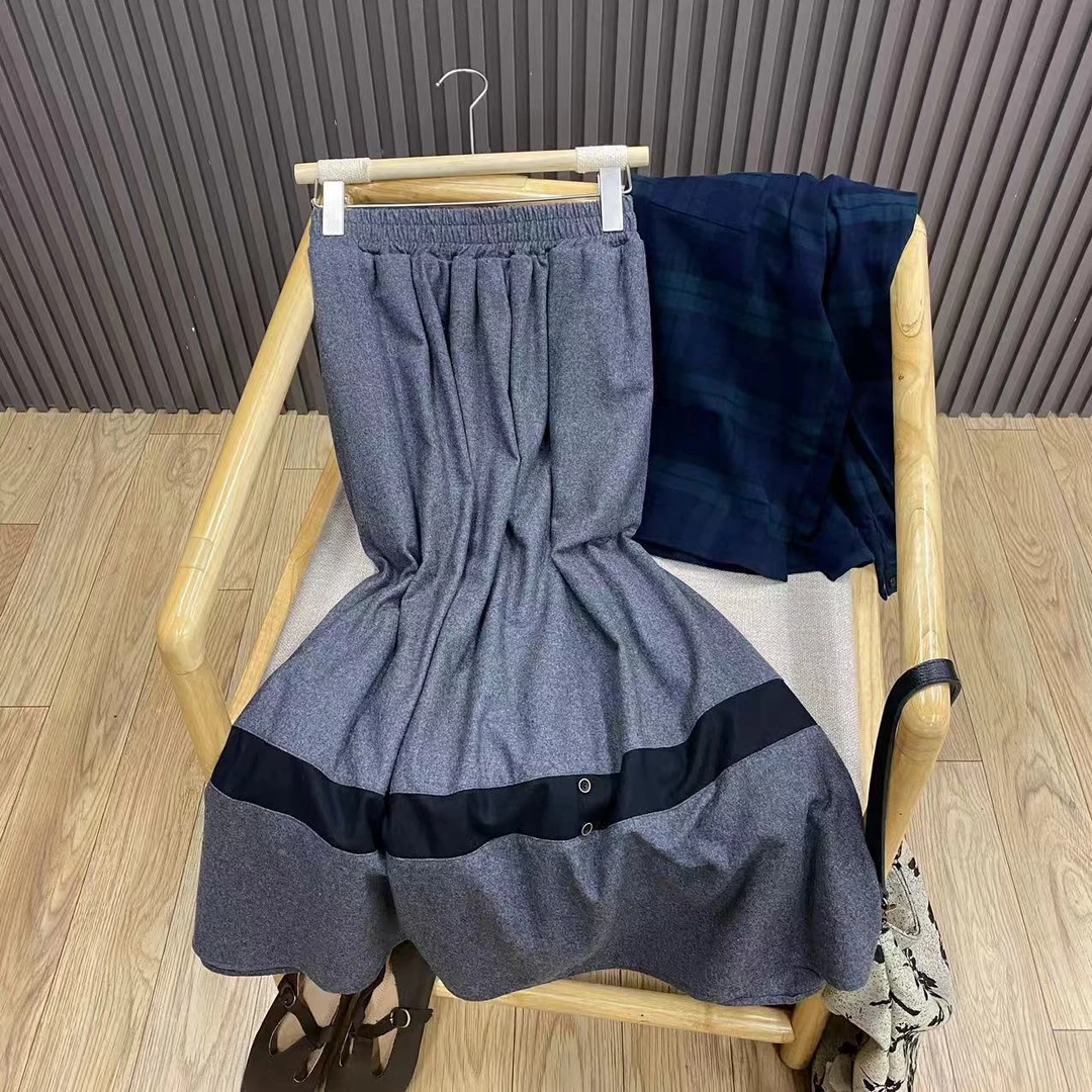 毛呢拼接高腰半身裙羊毛混纺宽松秋冬加厚保暖中长款A字裙女Q915