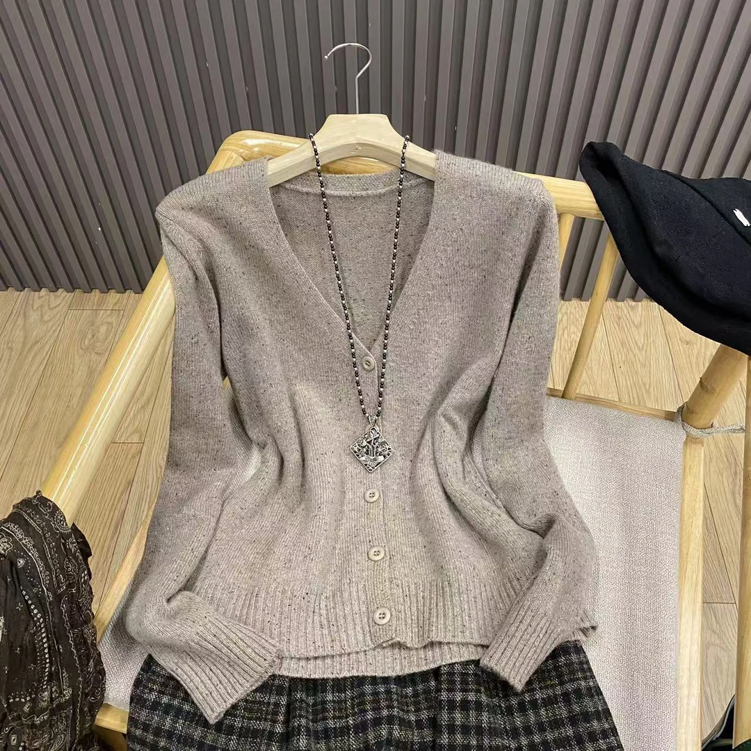 点子纱V领100%羊毛开衫纯色百搭宽松文艺秋冬羊毛衫外搭女ZYM27