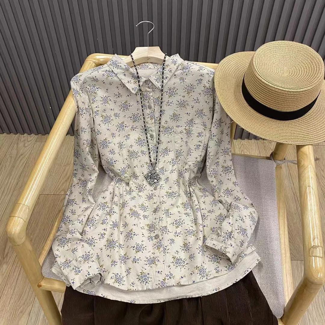 碎花纯棉磨毛衬衫翻领长袖印花文艺复古百搭叠穿减龄上衣女C85160