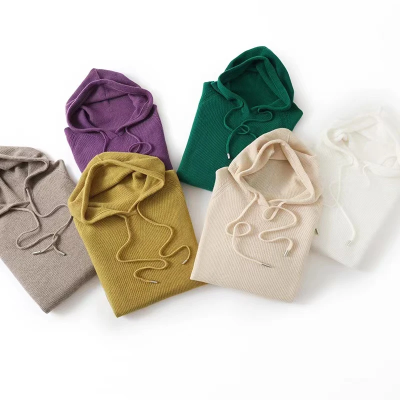 纯羊毛连帽针织衫卫衣款套头百搭休闲羊毛衫女ZYM111