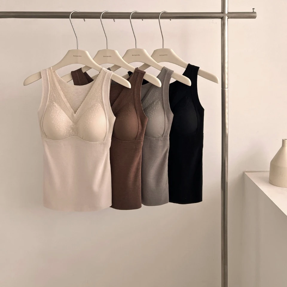 法式蕾丝自发热保暖背心一体式美背上衣女T9002