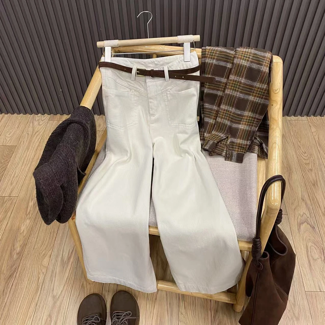 高腰斜纹宽松阔腿裤纯棉休闲纯色百搭显瘦秋冬直筒裤子女K9509