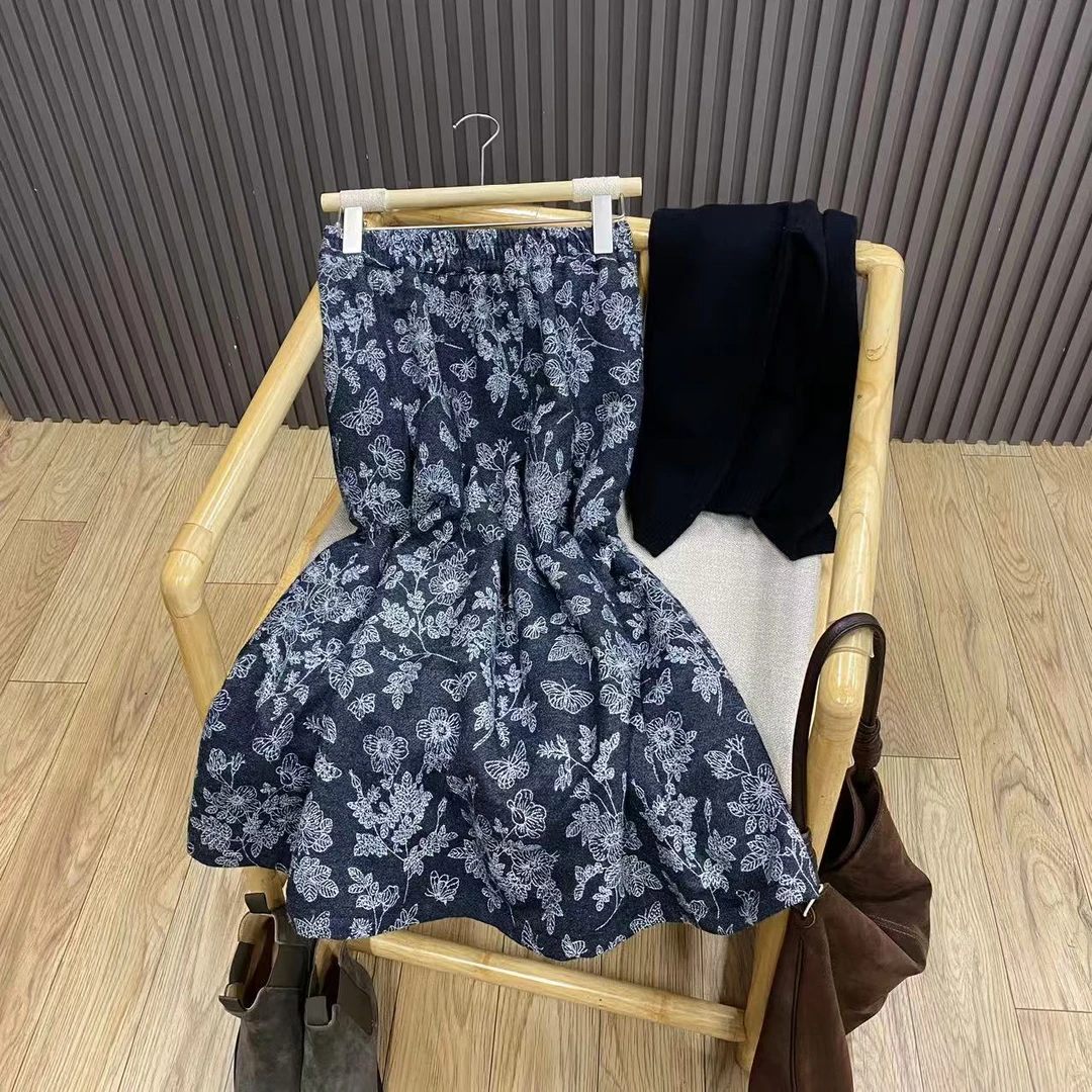 复古提花高腰半身裙碎花文艺宽松中长款秋冬A字裙女Q1126