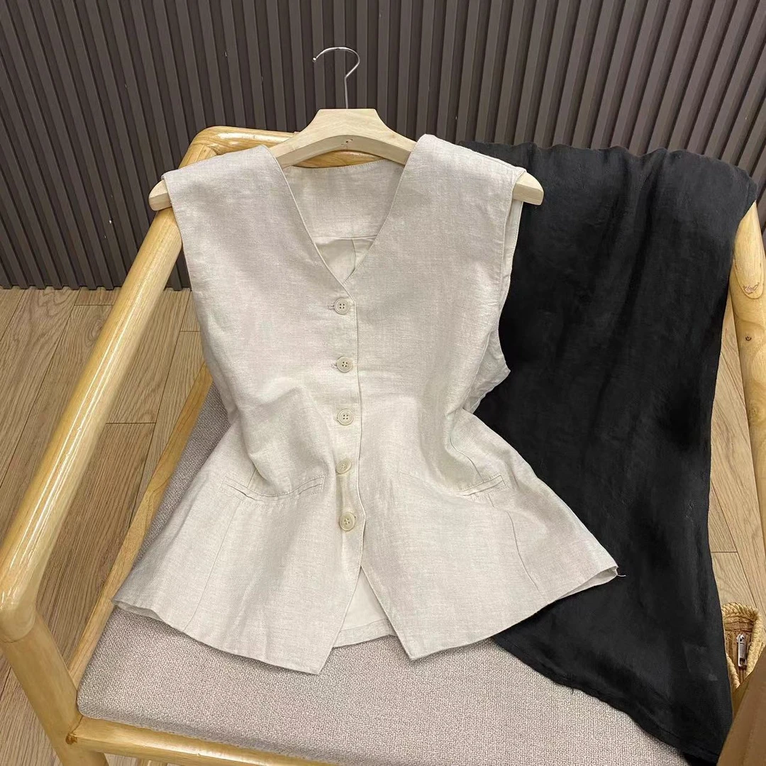 亚麻西装马甲V领无袖纯色宽松显瘦坎肩外搭上衣女W8248