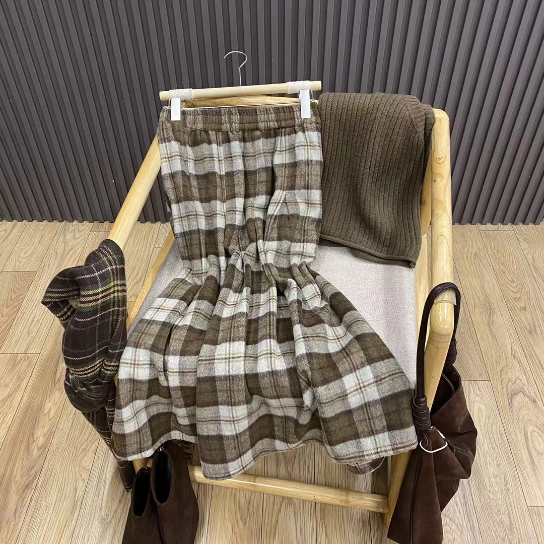 复古毛呢格纹半身裙宽松格子秋冬百搭文艺中长款A字裙女Q99891
