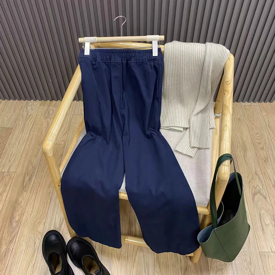 纯棉松紧高腰直筒阔腿裤纯色百搭文艺宽松显瘦长裤女K24082