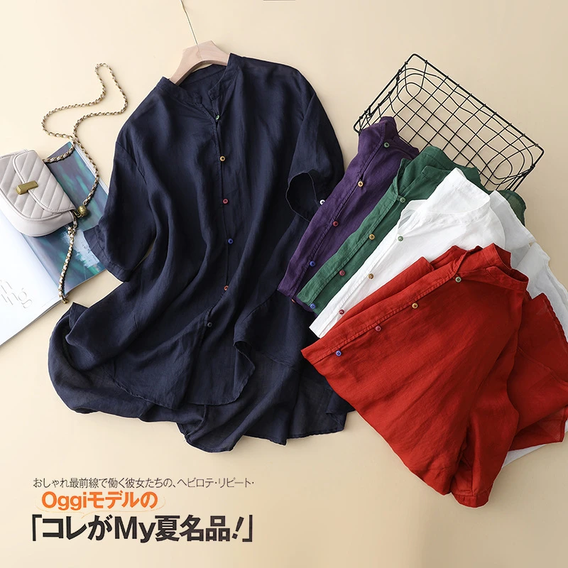 2023春季新款8389立领苎麻长袖下摆不规则衬衫中长款上衣外套女