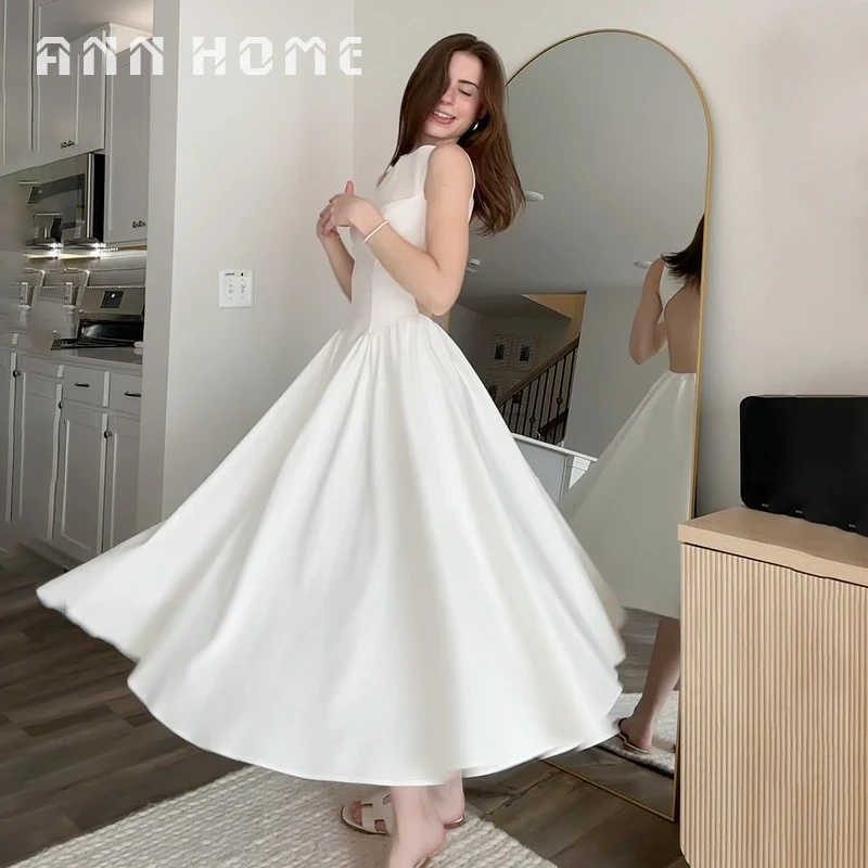 白安家【茉莉花】法式复古优雅轻奢简约显瘦气质长款收腰白色连衣裙