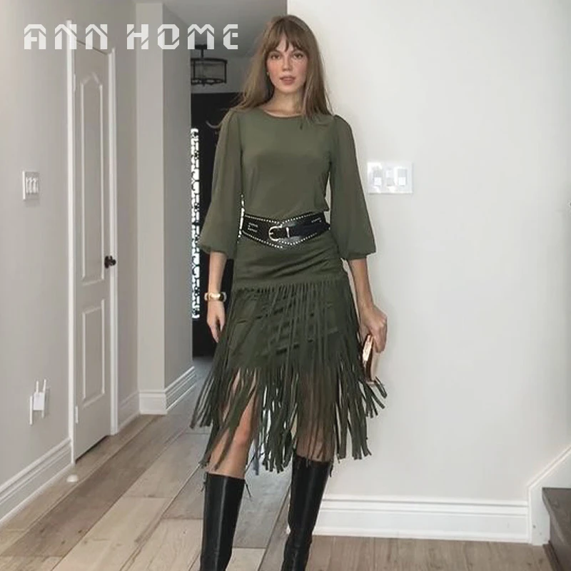 白安家欧美复古波西米亚风麂皮绒重工百搭包臀流苏半裙女2024新款