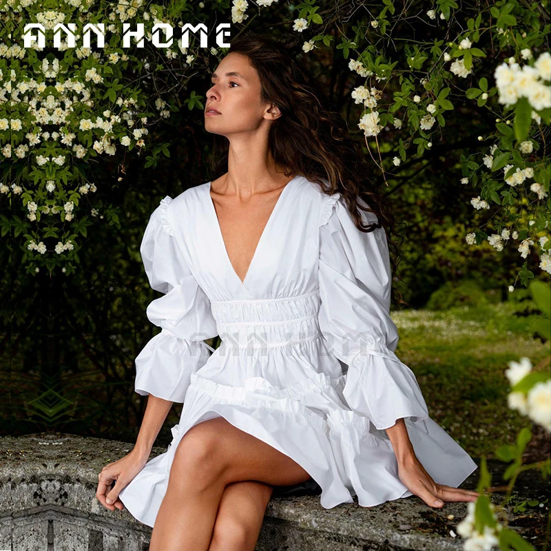 白安家【栀子花】法式荷叶领插肩袖甜美收腰秋季新款小众长袖连衣裙