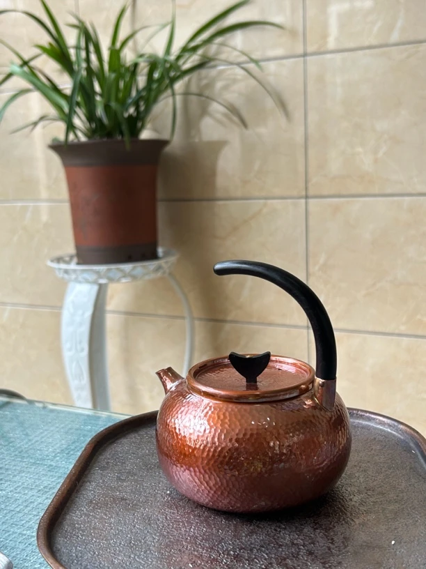 纯手工紫铜烤色锤纹半月提梁一体壶