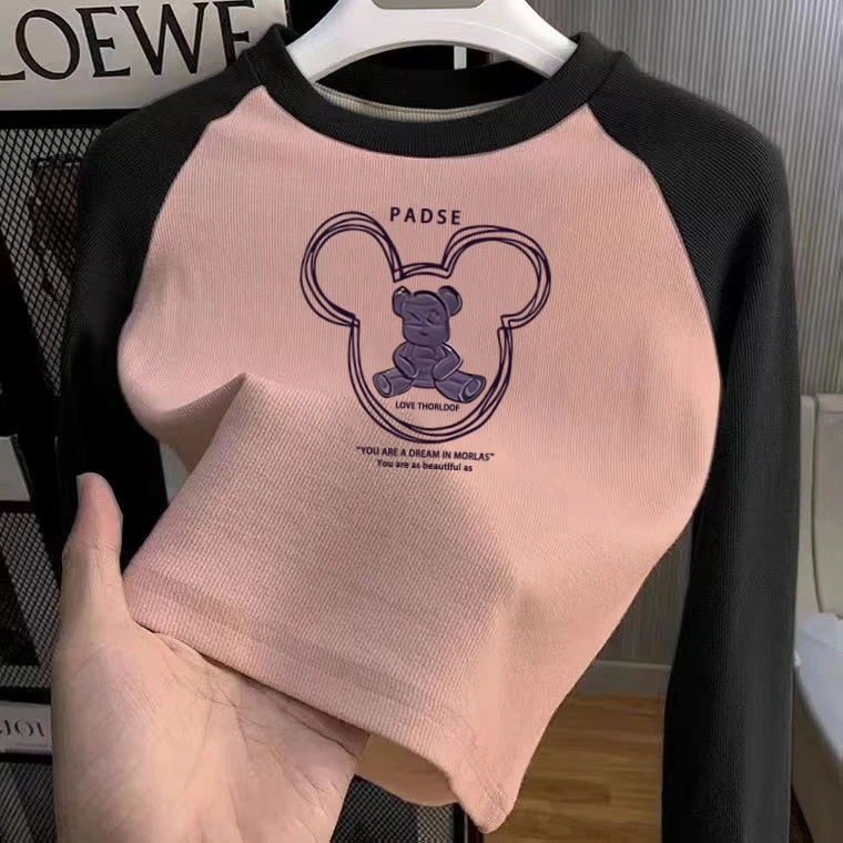 女童长袖上衣秋冬德绒新款拼色卡通常规印花圆领宝宝洋气休闲打底