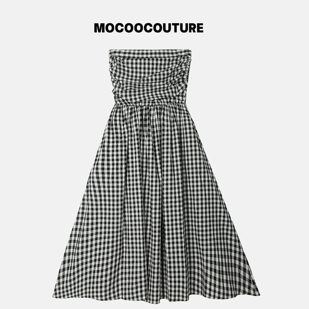 清仓默认微瑕no退no换 谨慎下单 黑白撞色格子抹胸连衣裙  26021