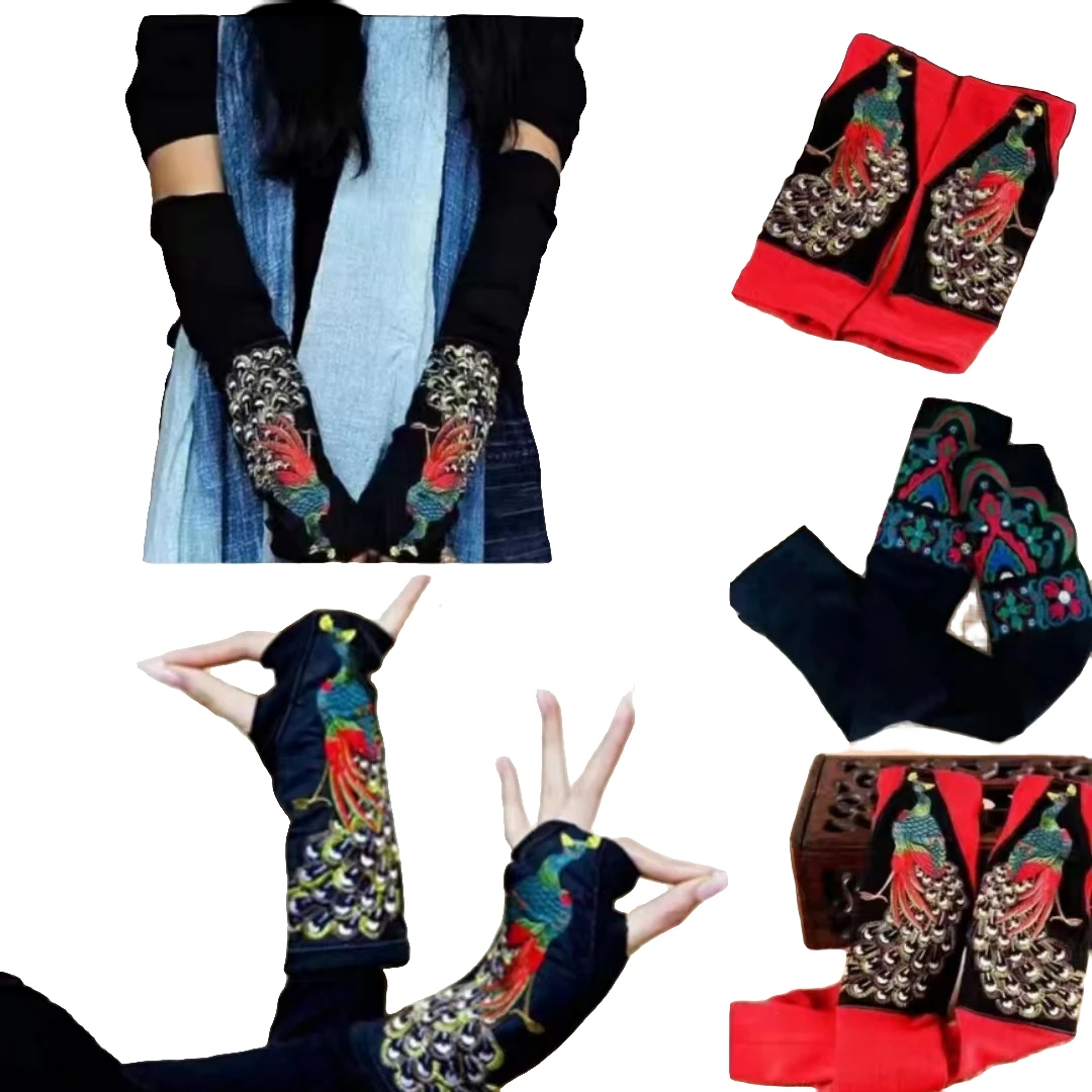 四季针织绣花手套民族风孔雀手套