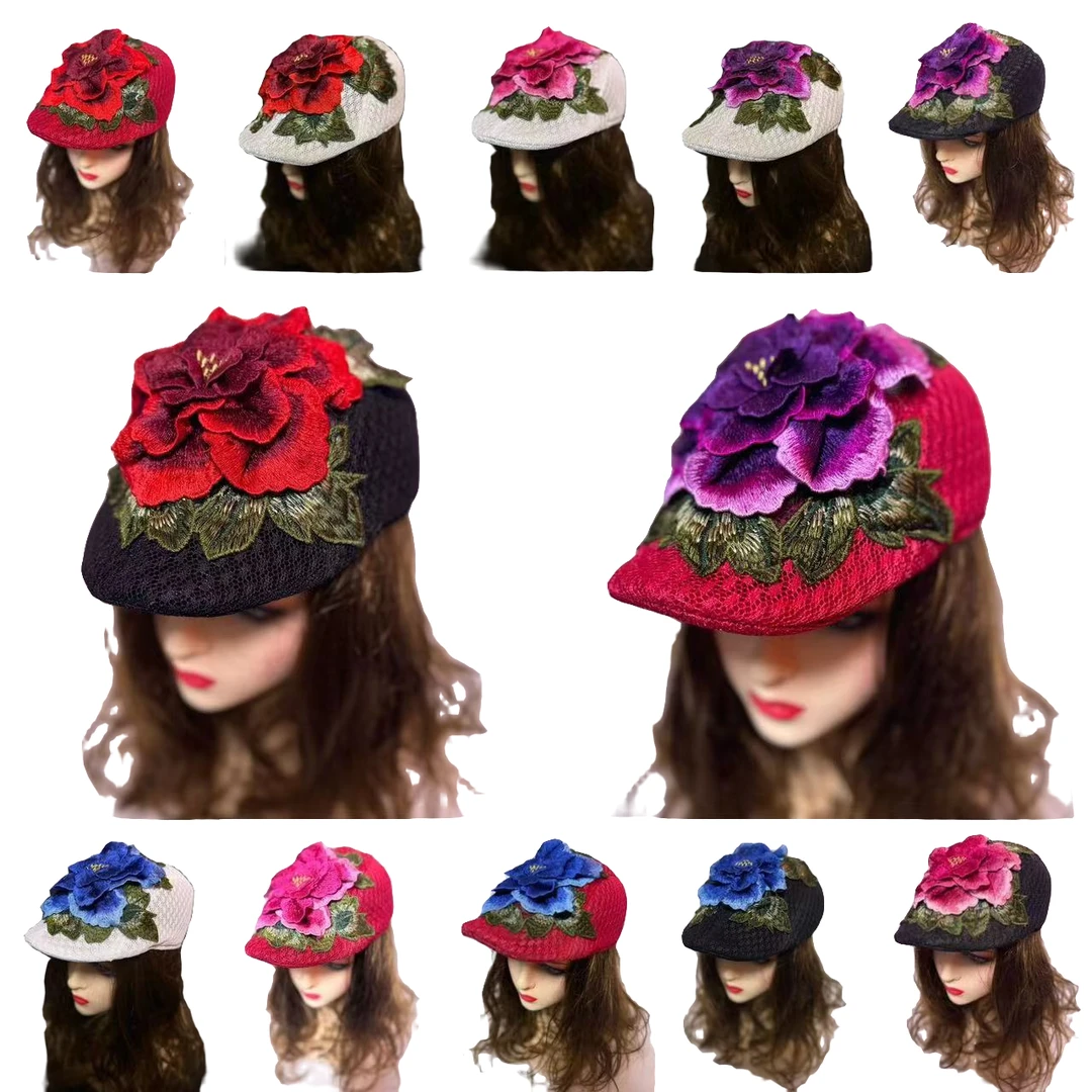 透气鸭舌帽树叶牡丹花女士民族风