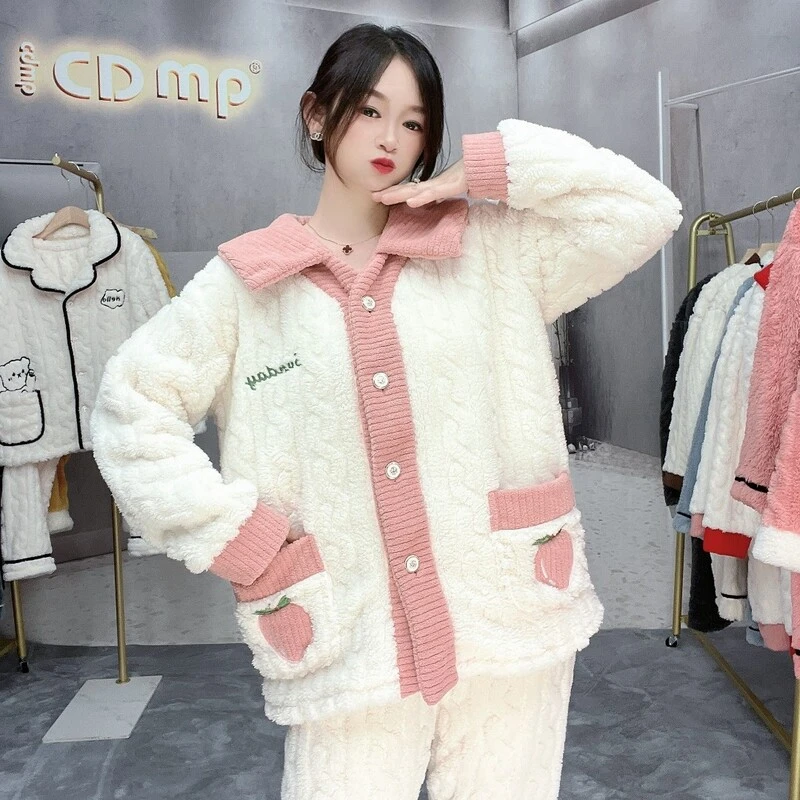 珊瑚绒睡衣女秋冬季加绒加厚法兰绒可爱冬季家居服女士套装保暖