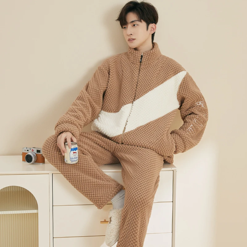 男士毛绒睡衣秋冬款加绒加厚冬季珊瑚绒家居服可外穿男款冬天款