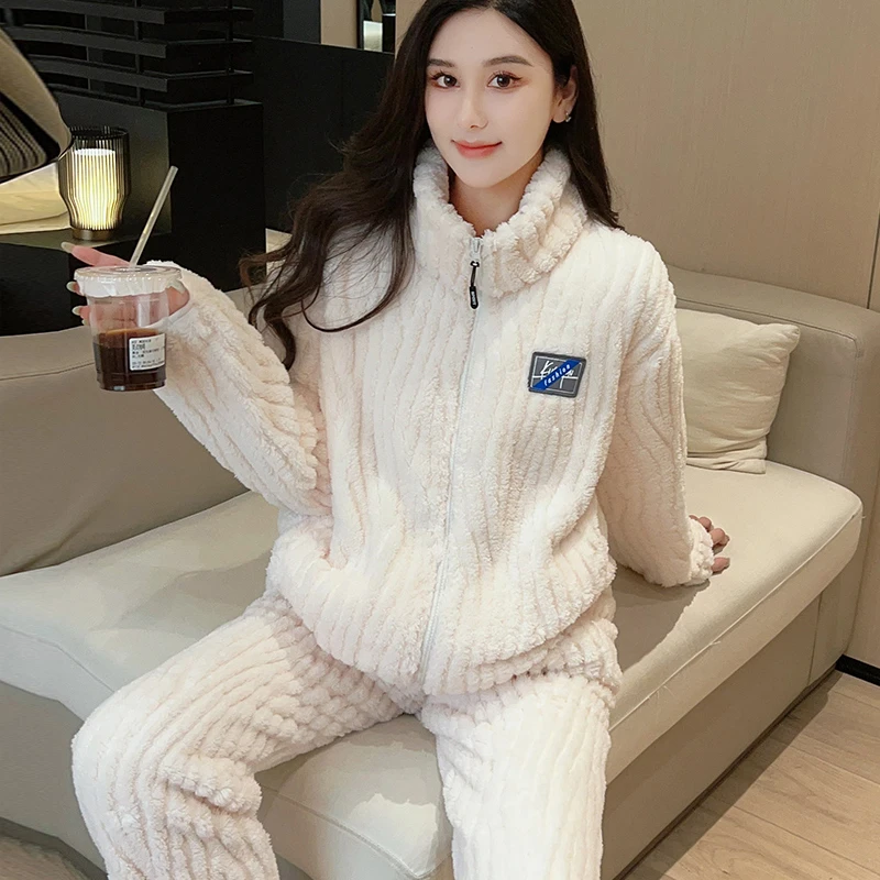 珊瑚绒睡衣女秋冬2024年新款法兰绒冬季加厚加绒可外穿家居服套装