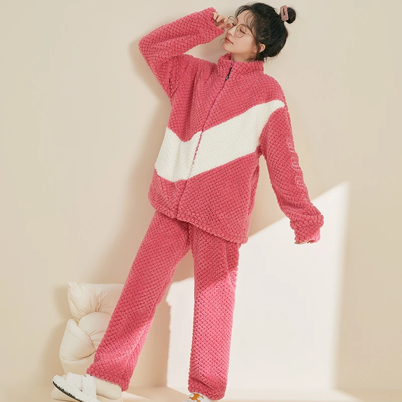 珊瑚绒睡衣女冬季加厚加绒2025新款法兰绒秋冬天简约家居服套装冬