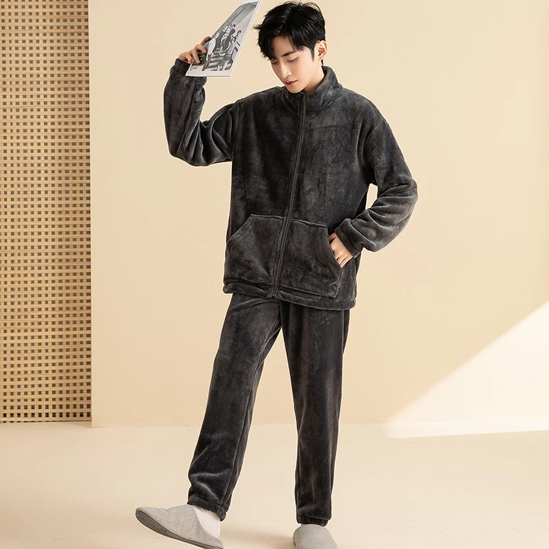 法兰绒睡衣男款秋冬季加绒加厚两件套装男士拉链可外穿家居服冬天