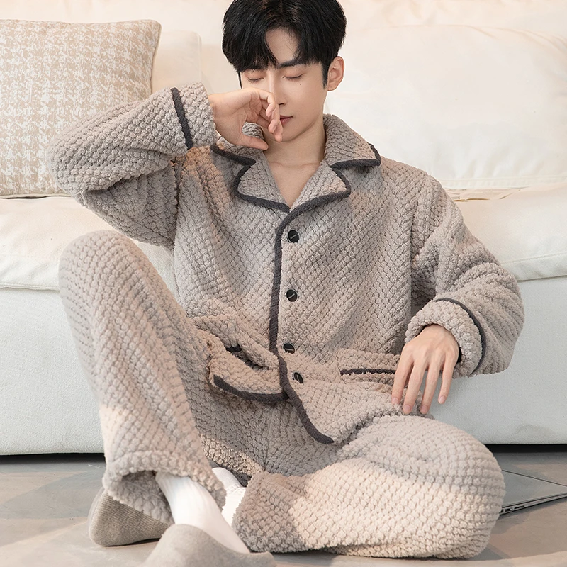 纯色男士睡衣男秋冬季加绒加厚保暖珊瑚绒大码宽松休闲家居服套装