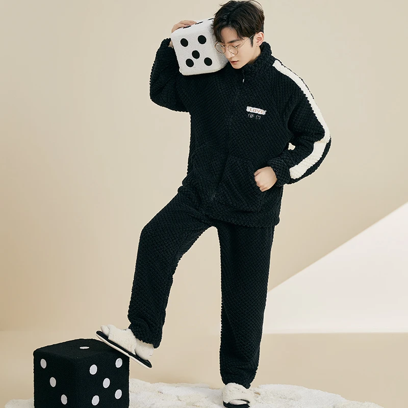 秋冬款睡衣男士冬季法兰绒加厚加绒珊瑚绒家居服冬天男款休闲套装