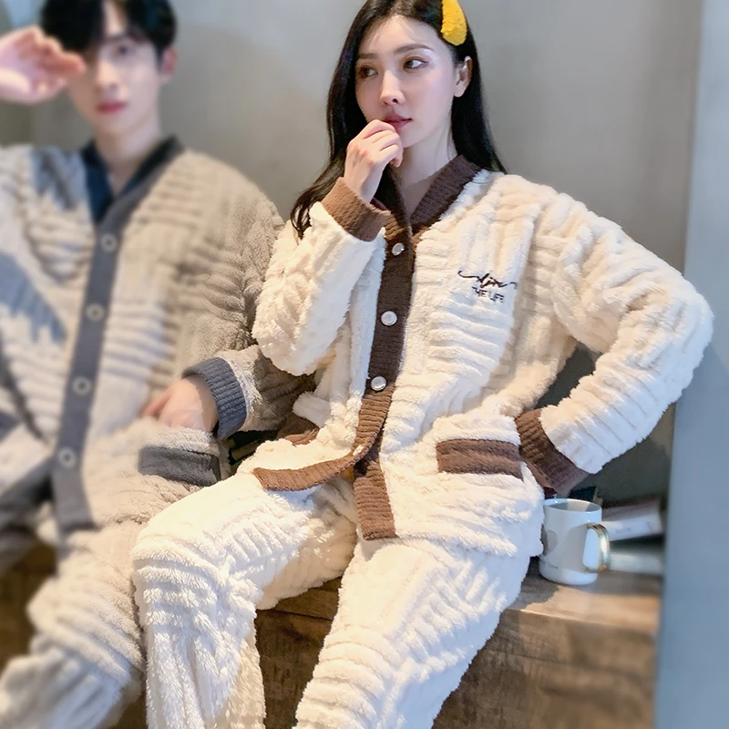 冬季睡衣女2024秋冬季加厚加绒简约珊瑚绒家居服套装可外穿法兰绒