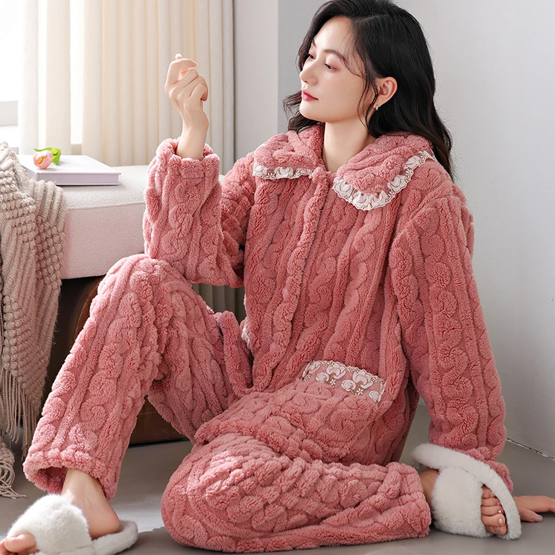翻领蕾丝边珊瑚绒睡衣秋冬季加绒加厚大码女士冬天保暖家居服套装