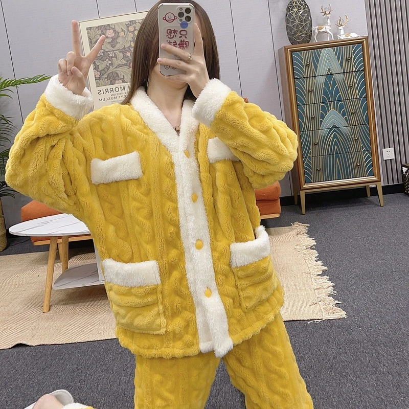 韩版小香风珊瑚绒睡衣女冬季新款加厚加绒冬天法兰绒家居服套装