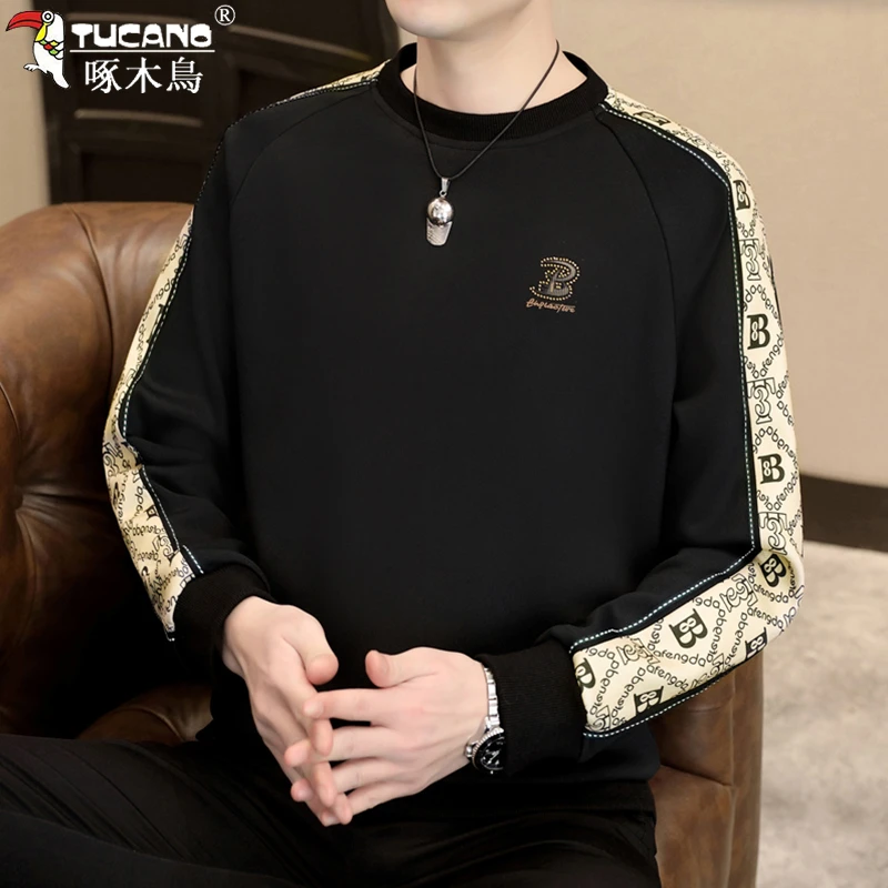 啄木鳥高品质打底衫卫衣男春季新款时尚圆领百搭休闲男士长袖T恤