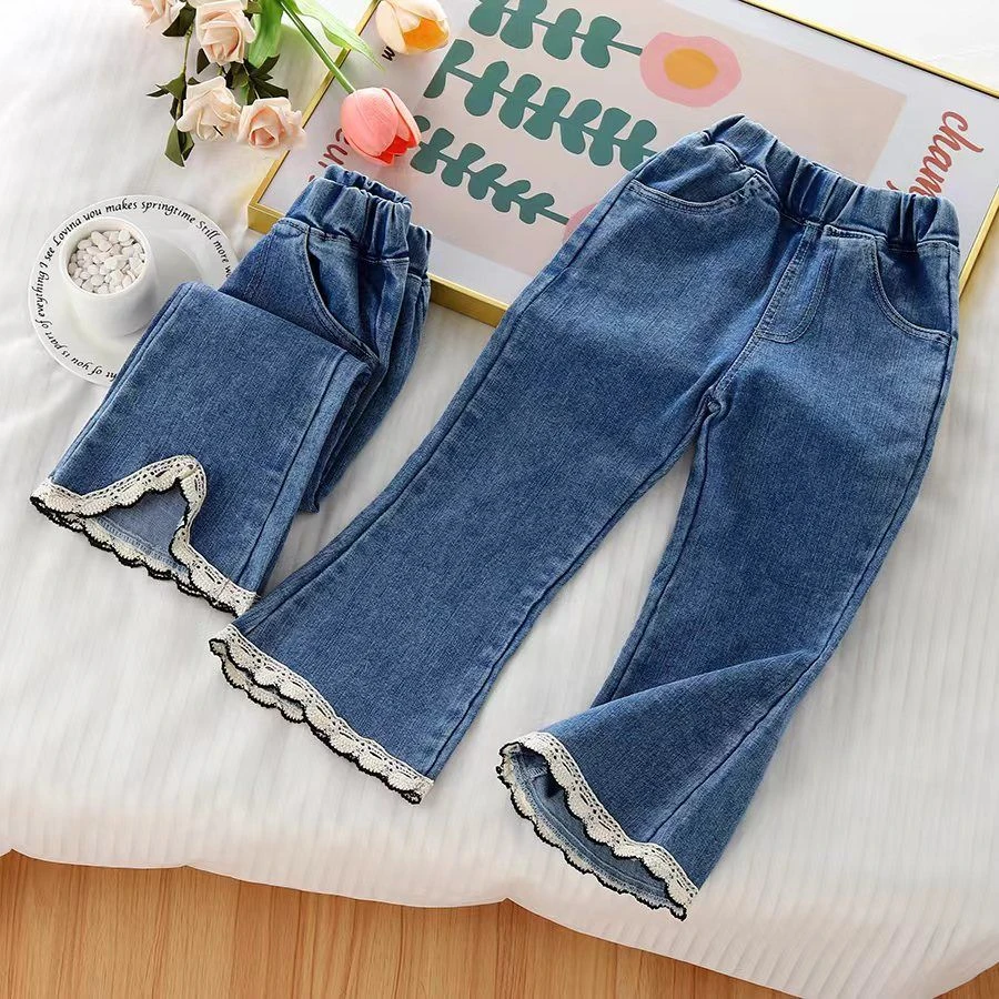2024新款小香风春秋季儿童童装修身牛仔儿童裤蕾丝边