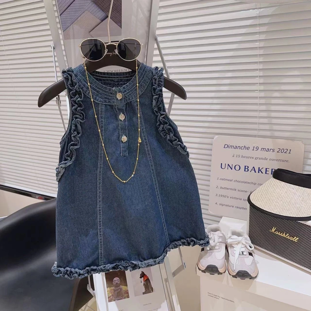 牛仔背心女童小童连衣裙ol夏季洋气2024年新款木耳边无袖裙子