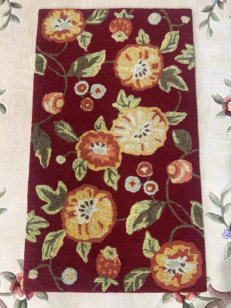 135*80cm 外贸出口尾单地毯客厅卧室美式乡村田园风复古红色花