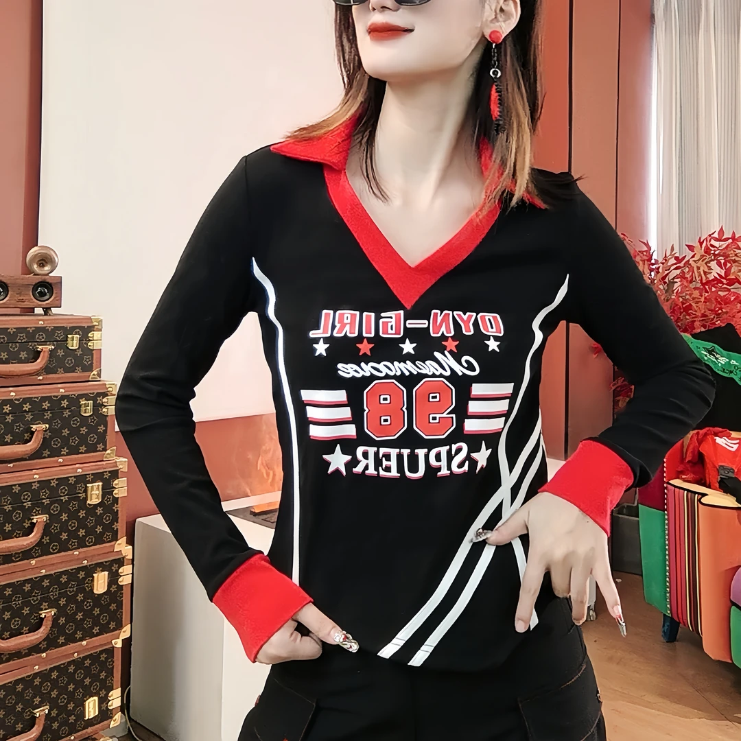 KM50036长袖修身印花T恤打底衫