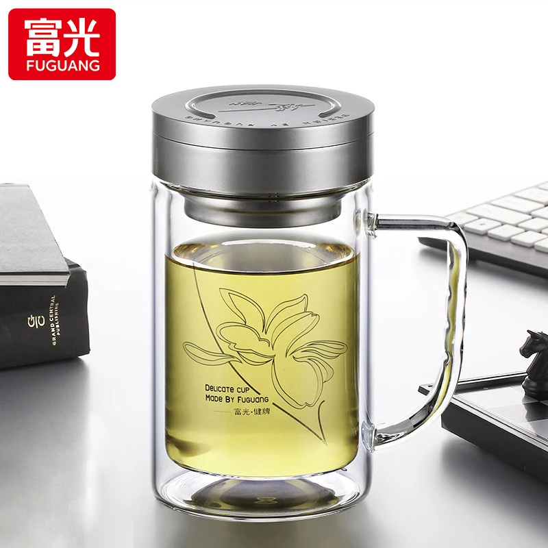 富光双层玻璃杯大容量带手柄办公杯商务透明耐热滤网家用喝茶杯子