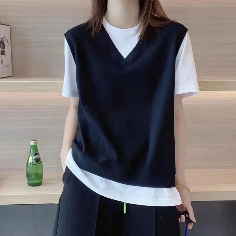 夏季简约时尚撞色圆领假两件T恤显瘦新款宽松透气百搭短袖上衣女