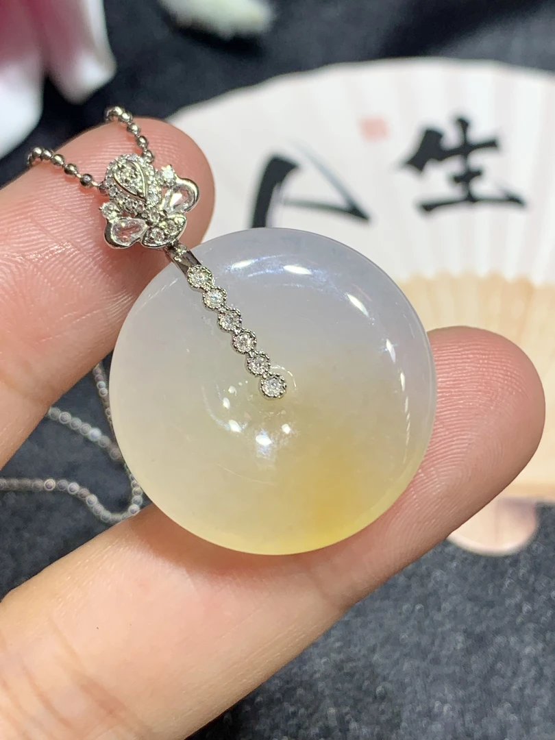 冰黄翡精品平安扣吊坠18k金镶嵌天然A货翡翠