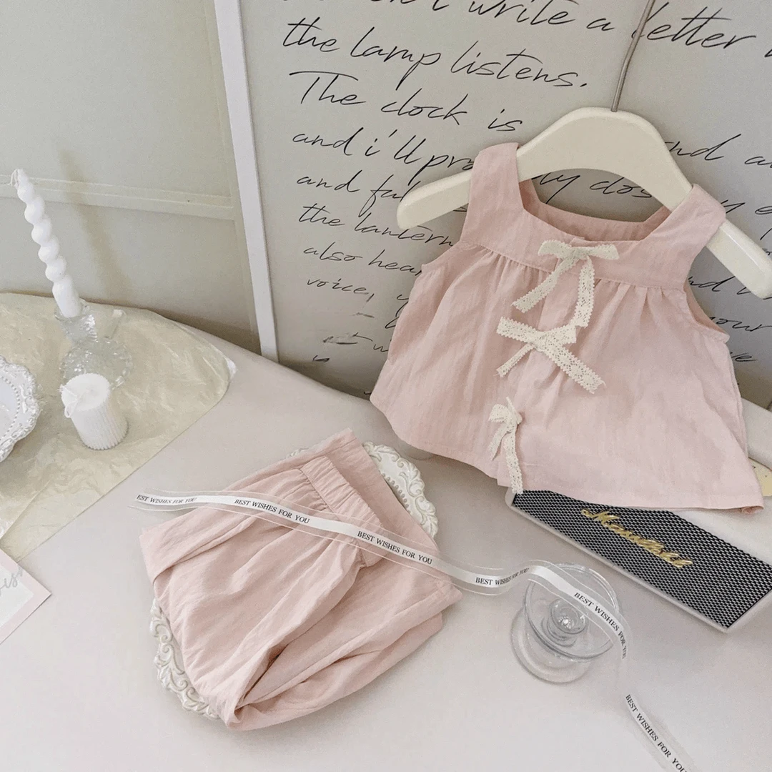 韩国女童套装女宝宝法式蝴蝶结无袖背心上衣轻薄透气阔腿裤两件套