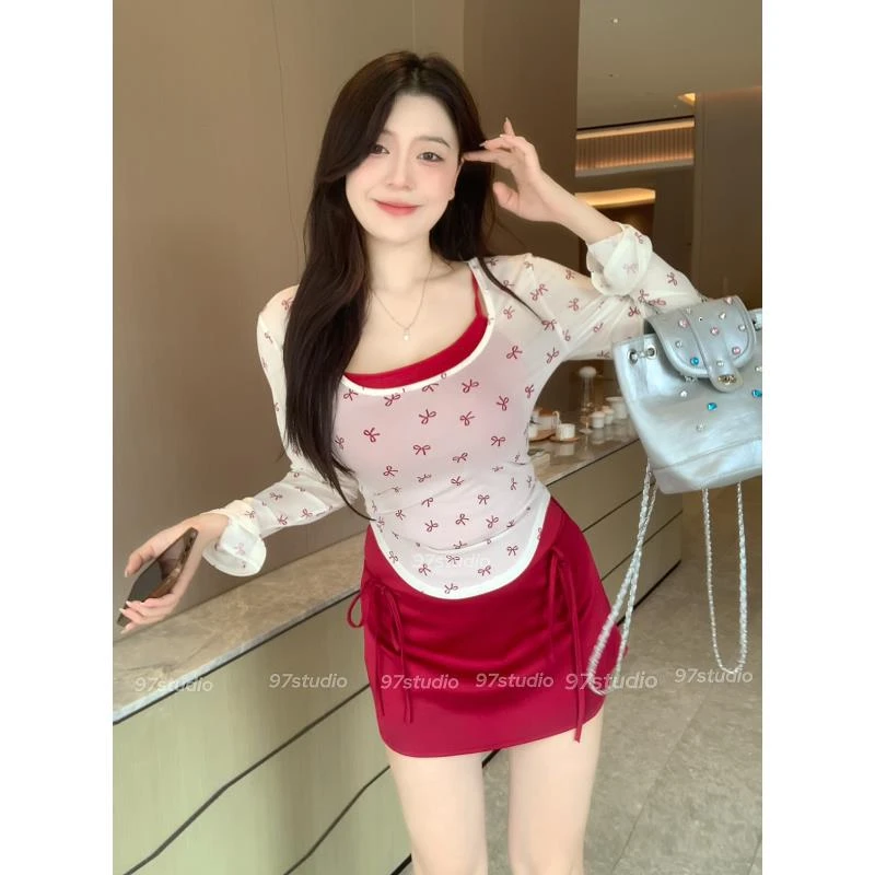 微胖U领网纱短袖t恤女背心两件套秋冬季胖显瘦正肩蝴蝶结U摆上衣