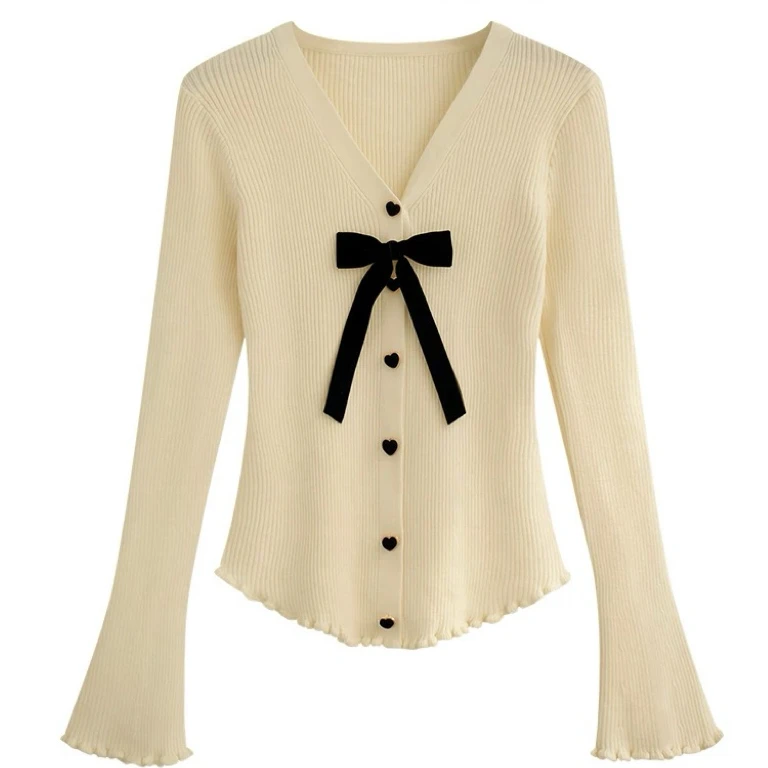 圣诞节穿搭蝴蝶结木耳边毛衣女秋冬修身内搭针织设计感打底衫上衣