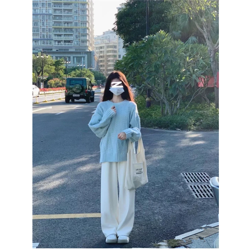 复古日系2024年新款秋冬季浅蓝色毛衣女内搭设计感小众春秋慵懒风