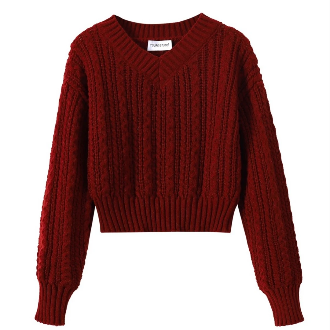 圣诞新年红色V领针织衫女秋冬法式复古百搭气质显瘦短款麻花毛衣