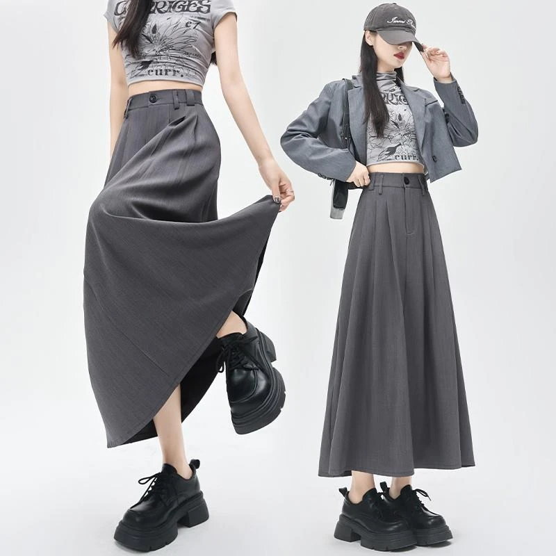 灰色西装半身裙女夏2024新款中长款遮胯显瘦梨形身材a字百褶伞裙