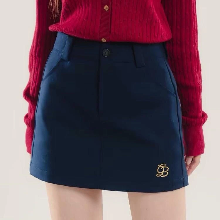 美式藏青色a字半身裙女新款高腰通勤显瘦西装百搭包臀短裙防走光