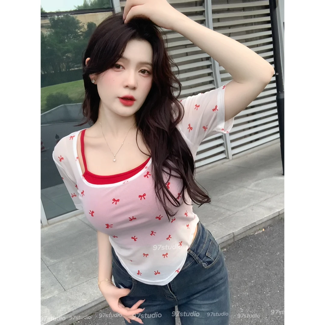 微胖U领U摆网纱短袖t恤女+背心两件套夏季胖MM显瘦正肩蝴蝶结上衣