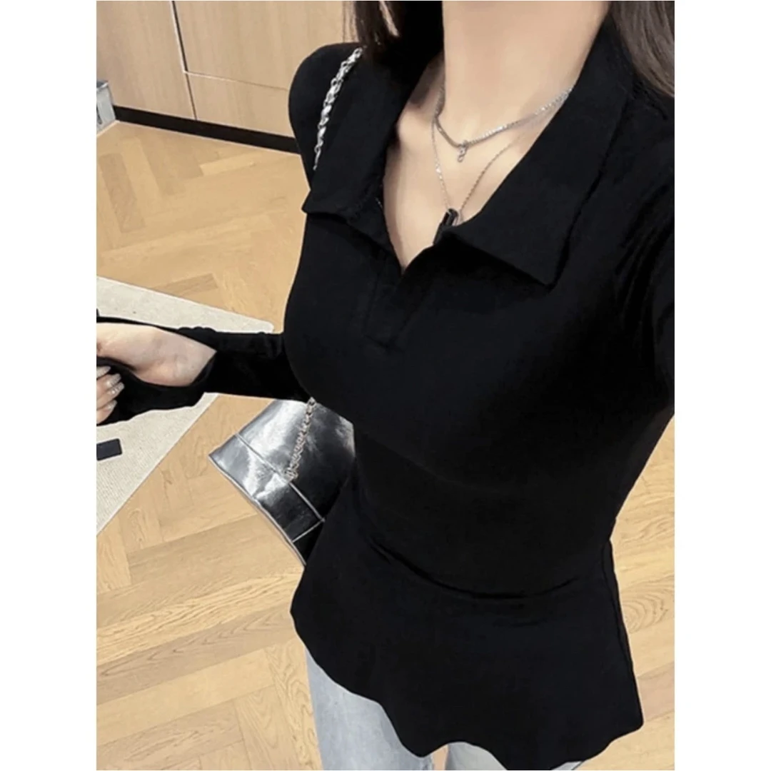 大码胖mm2025显瘦洋气质设计感百搭新款垫肩喇叭袖polo领长袖上衣