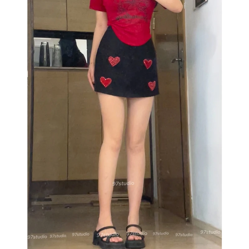 胖mm大码女装爱心半身裙夏季设计感高腰显瘦甜辣妹短裙包臀A字裙