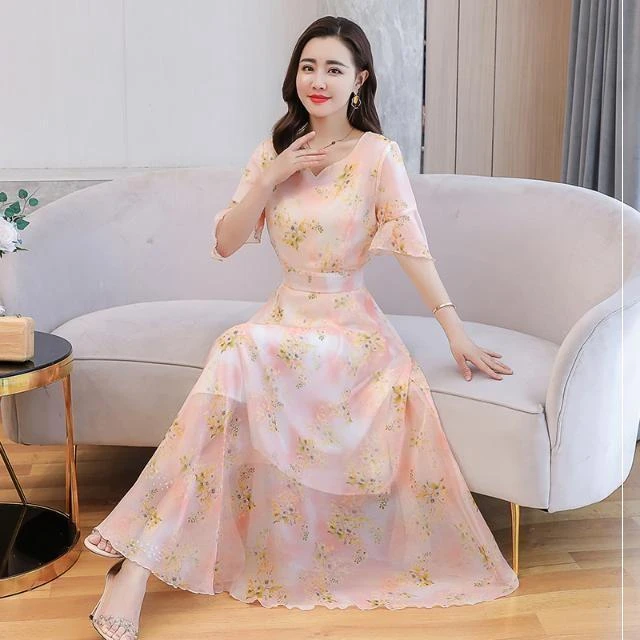 适合夏天穿的轻薄裙子超美仙女裙子碎花连衣裙中长款高腰雪纺印花